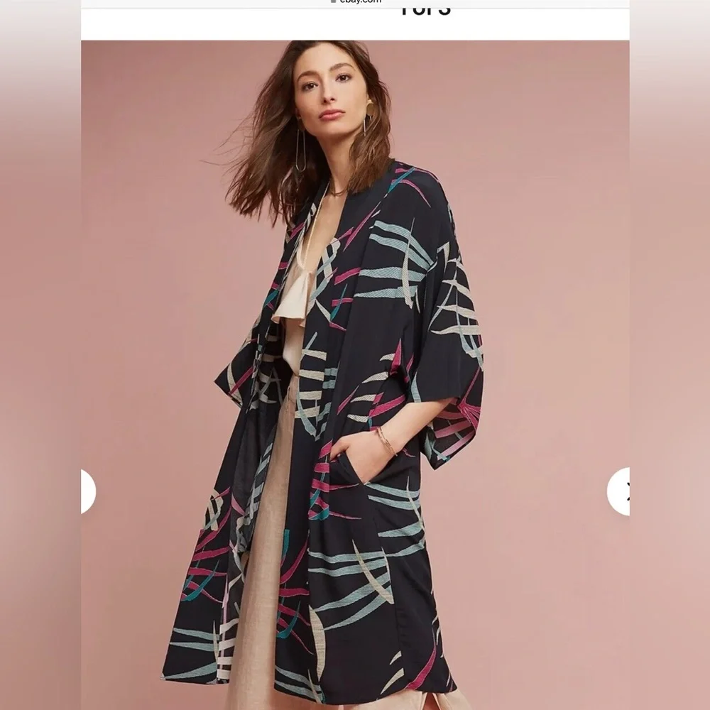 Maeve Kira Long Kimono Jacket Womens Size XS/S Black Tropical Floral Pockets - Picture 3 of 15